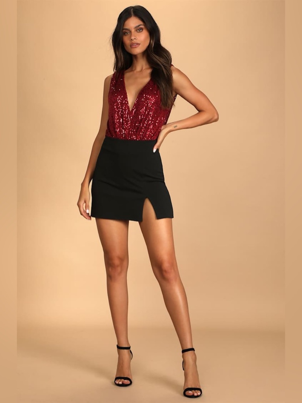 Lulus Evening of Wonder Burgundy Sequin Cowl Back Bodysuit